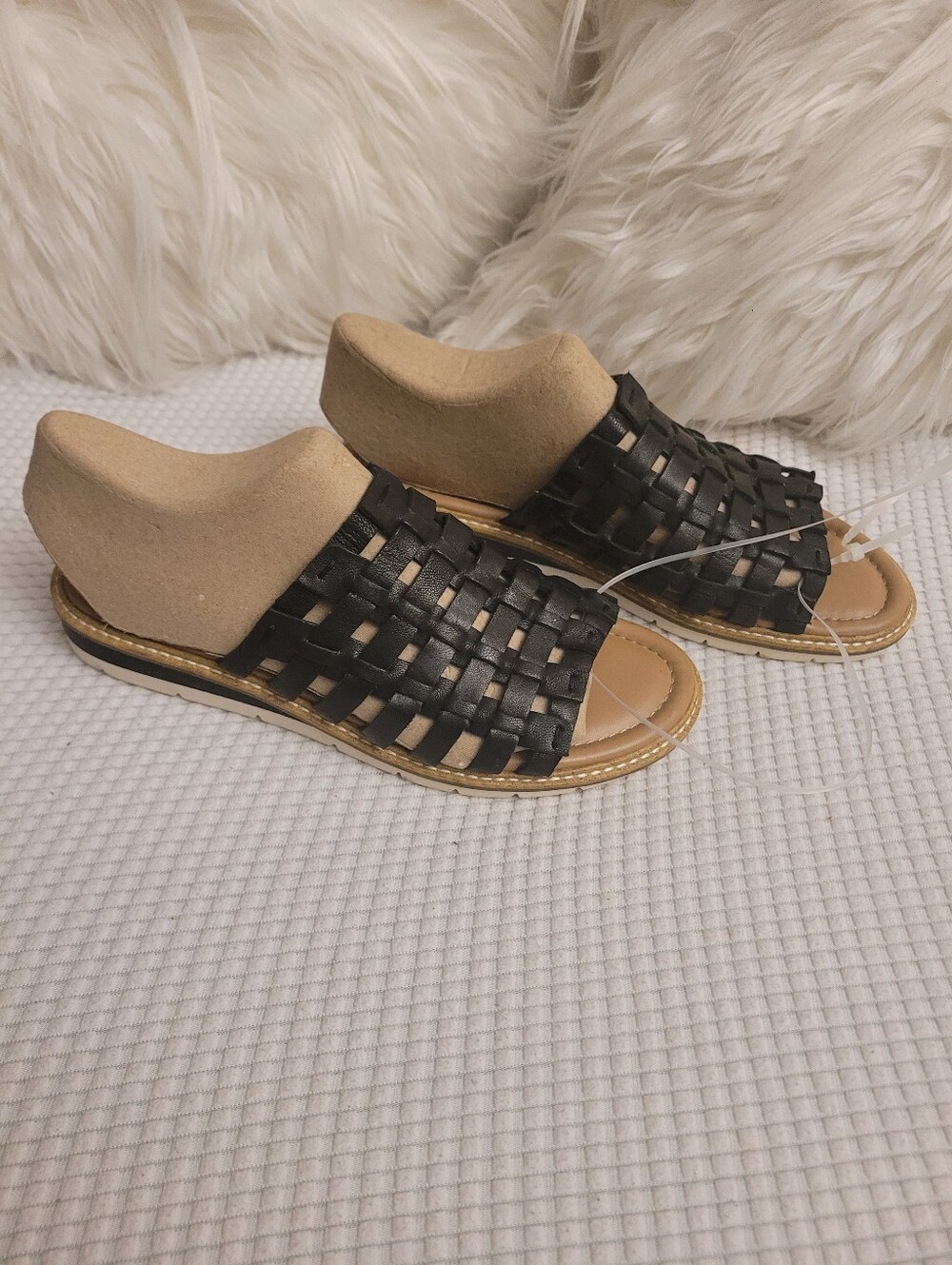 Adam Tucker Black Woven Slide Sandals with Tan Footbed